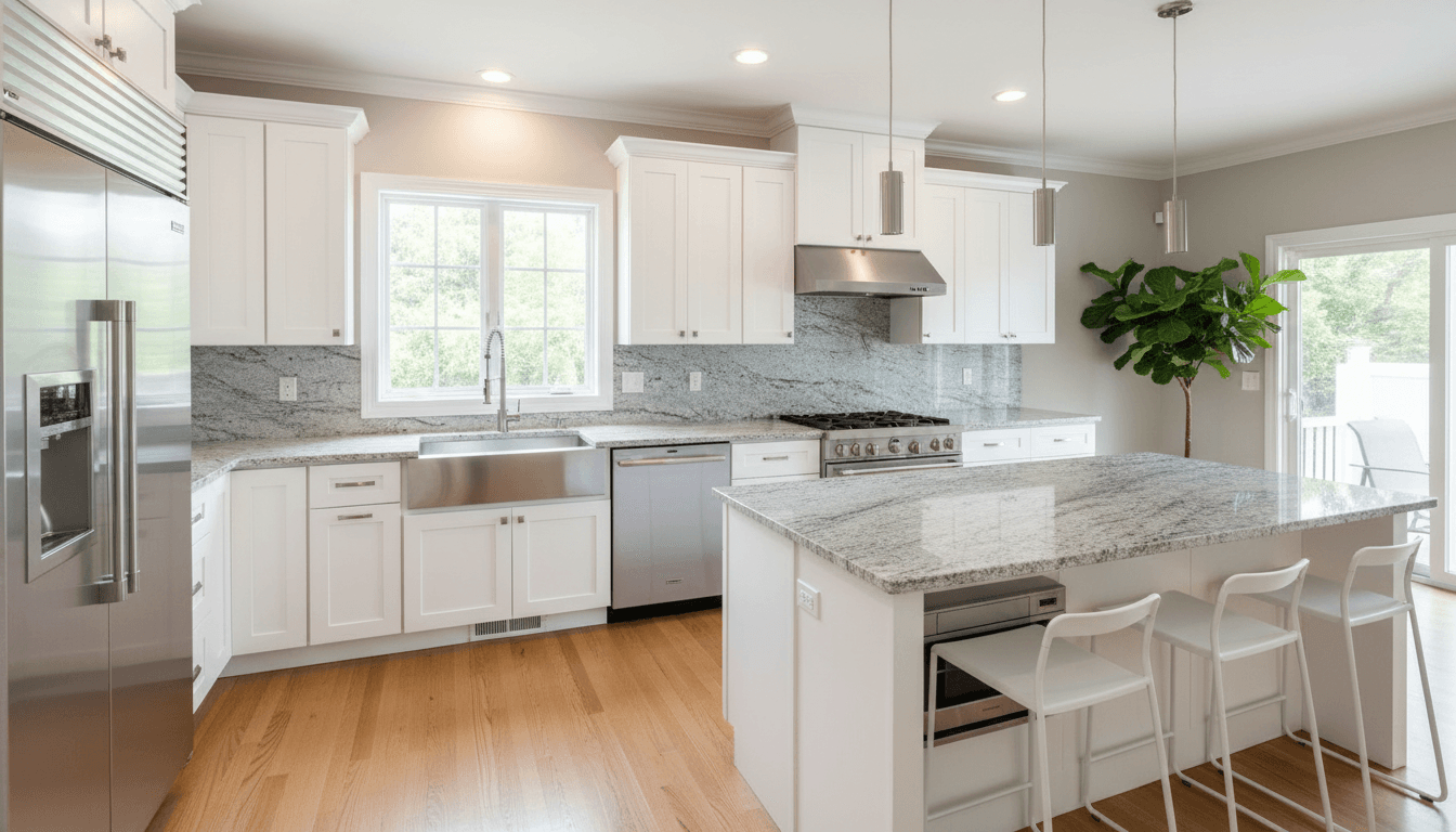 Completed kitchen remodel with custom cabinetry and countertops