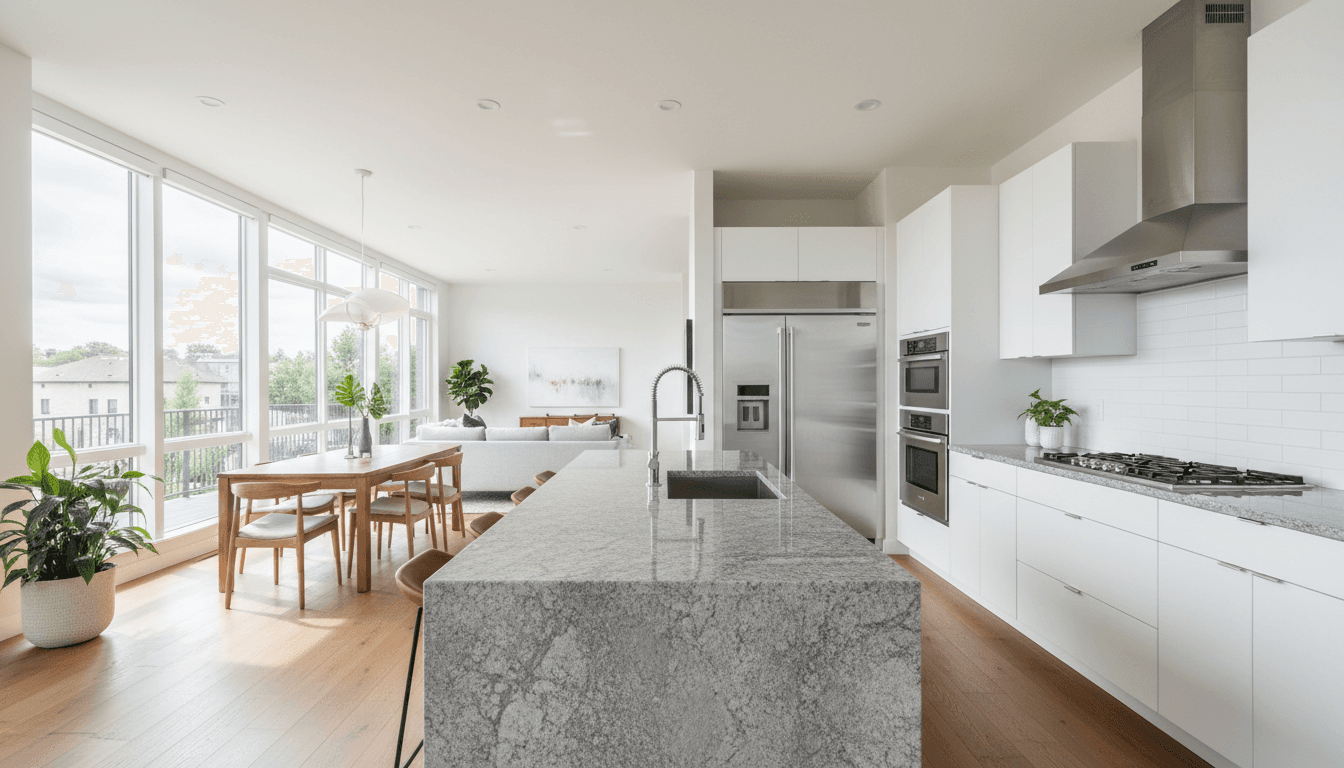 Beautifully remodeled home interior with modern kitchen and bright lighting
