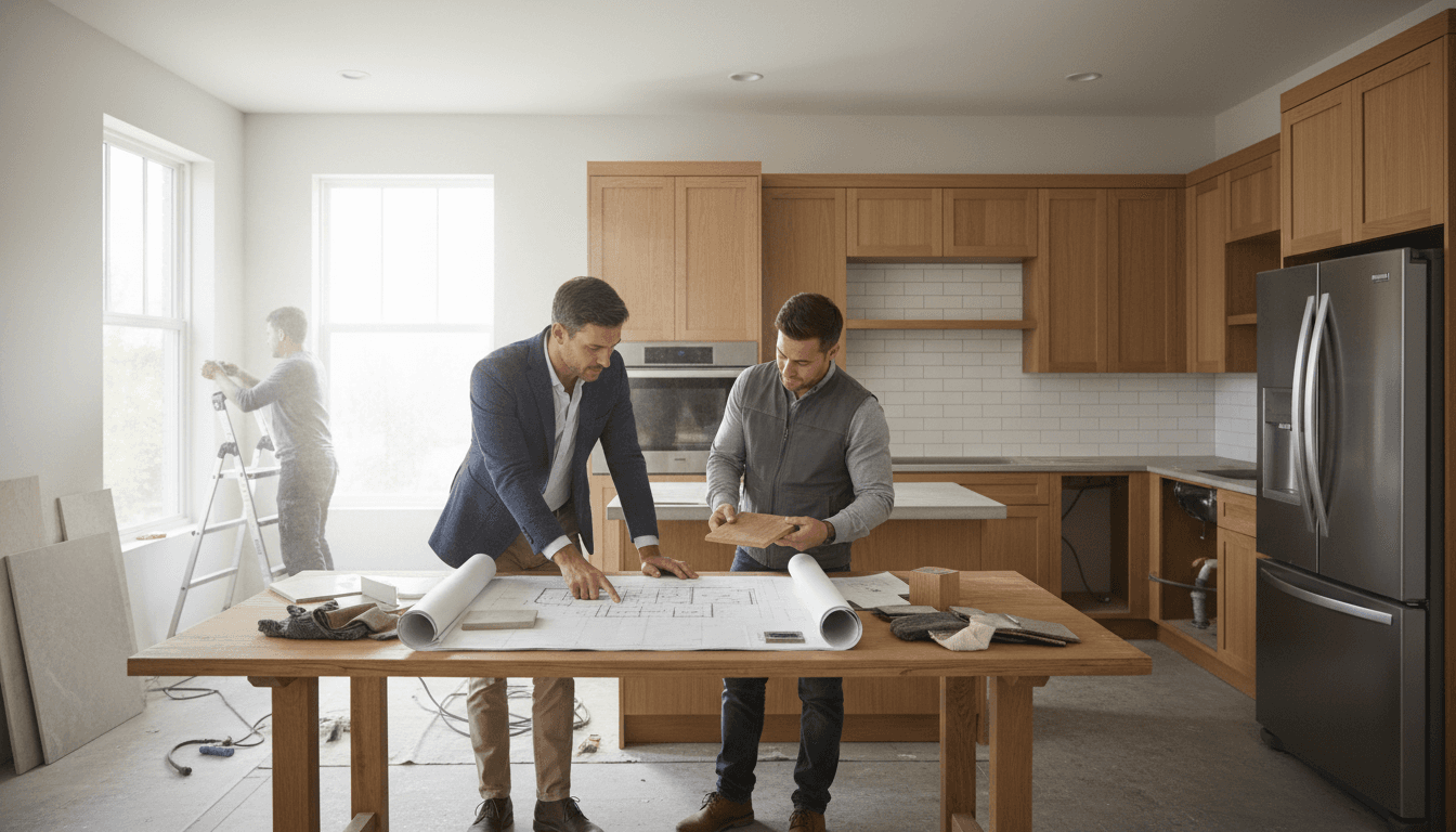 VS Home Remodeling team discussing renovation project with homeowner