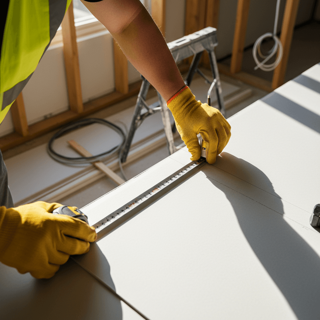 Construction professional measuring interior wall during remodeling project